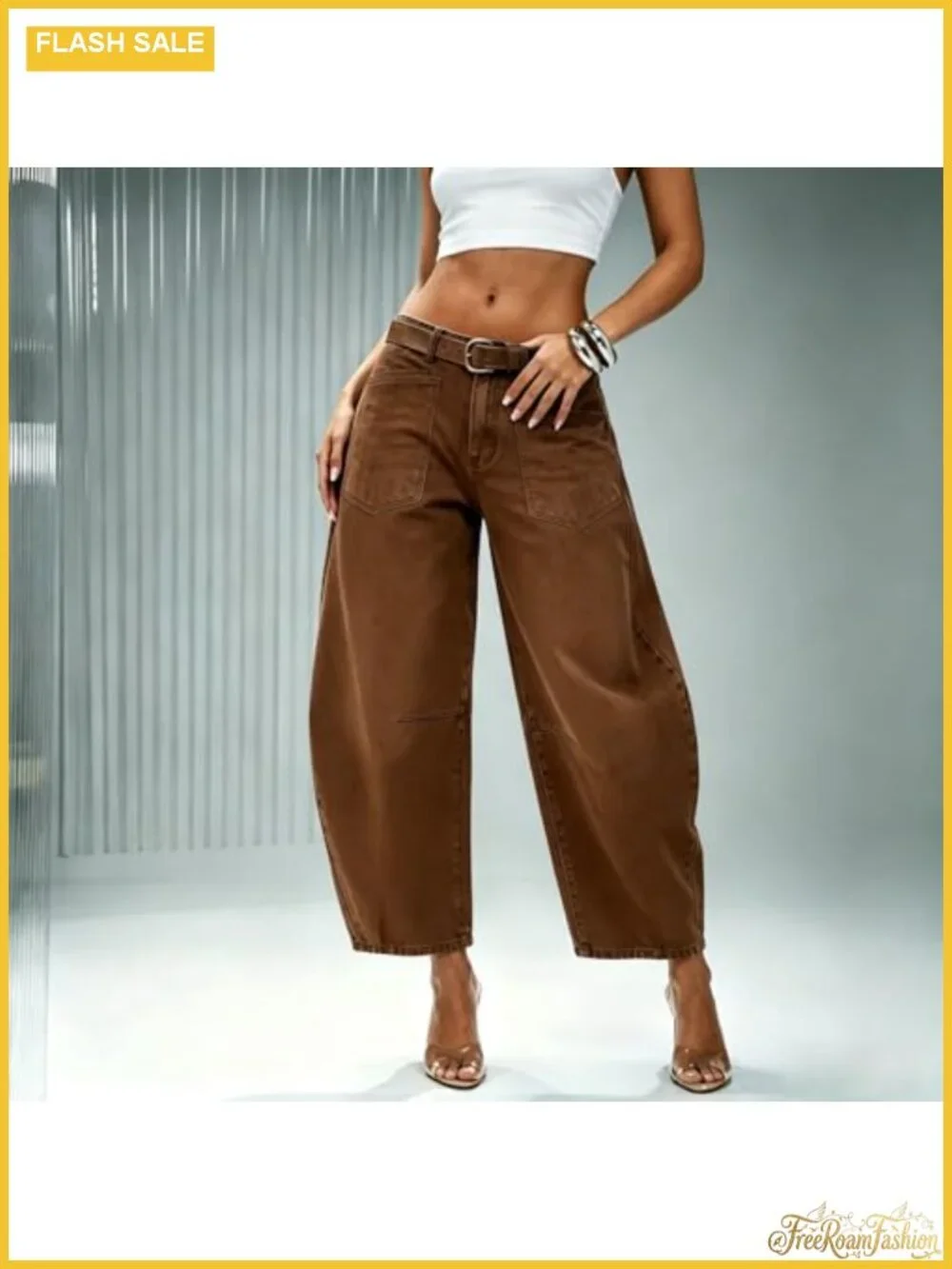 Women's Stretchy Cropped Baggy Barrel Jeans Mid Rise Boyfriend Denim Pants